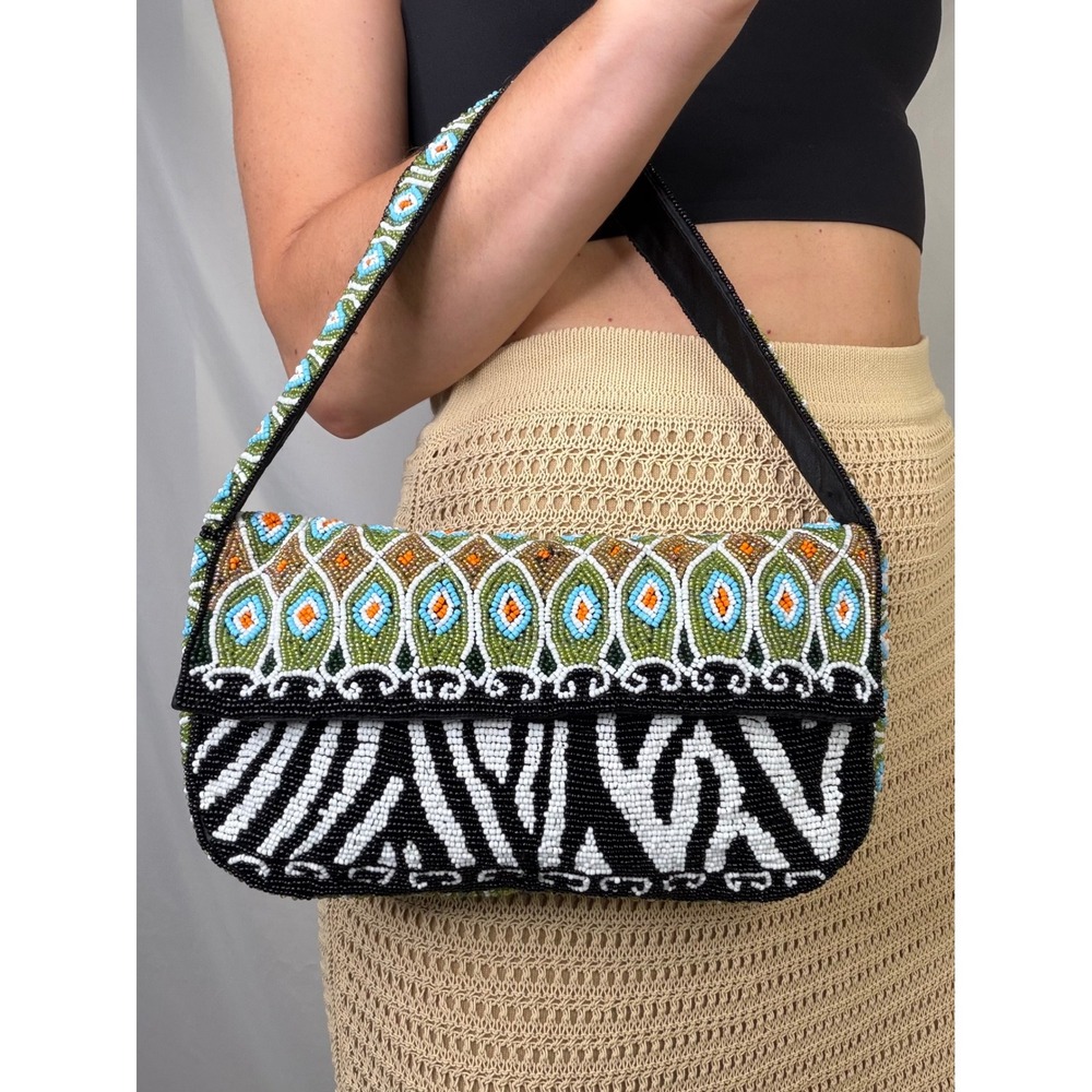 Cache Vintage Y2K Beaded Baguette Shoulder Bag Zebra Geometric Animal Print - Picture 16 of 16